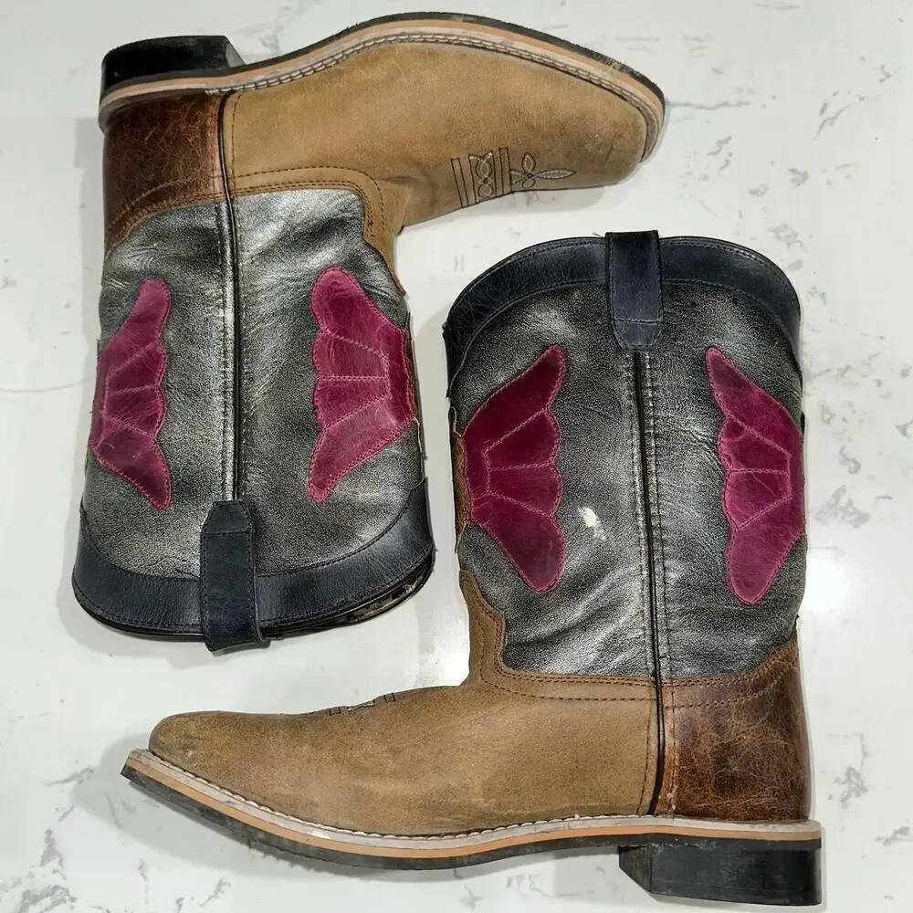 Smoky Mountain Youth Unisex Riley Leather Brown/Pink Boots, Size 7Y, EUC